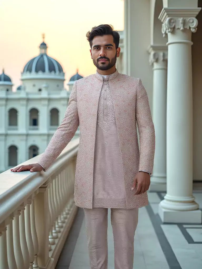 Image of Graceful Onion Floral Motifs Embroidery with Mirror work Matka Silk Indo - Open Jacket - South India Shopping Mall