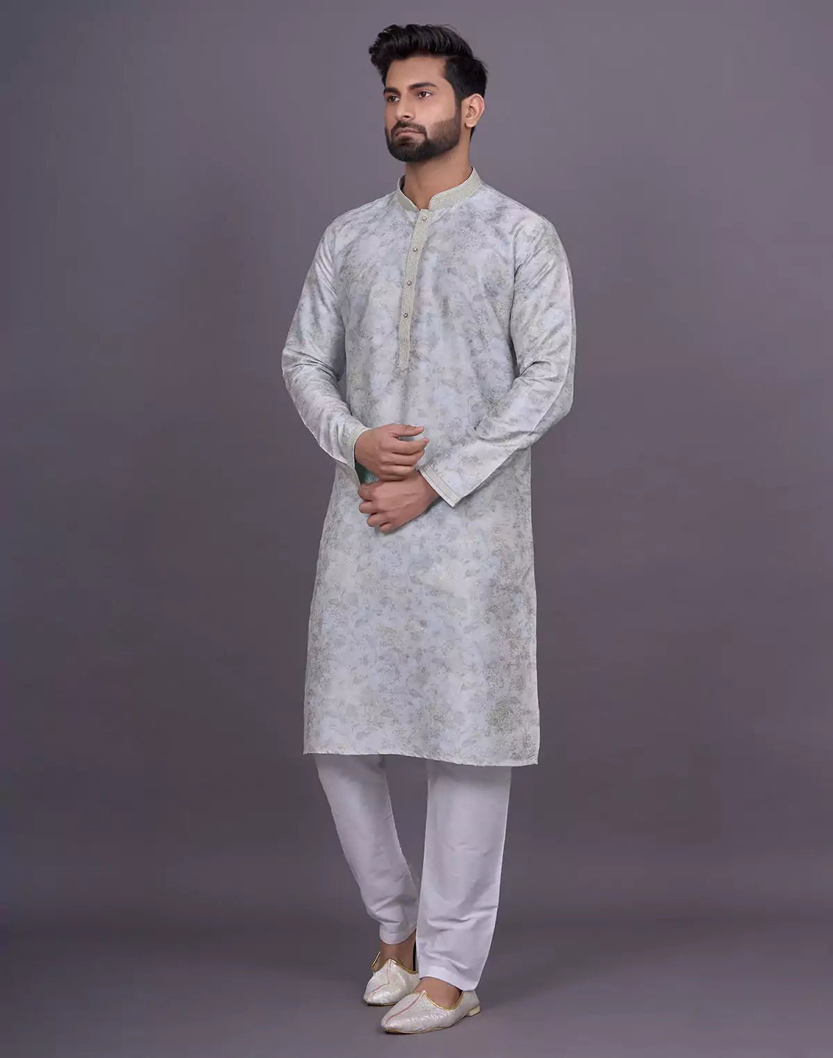 Image of Graceful Pista All Over Floral Print Raw Silk Kurta Pyjama Set - South India Shopping Mall