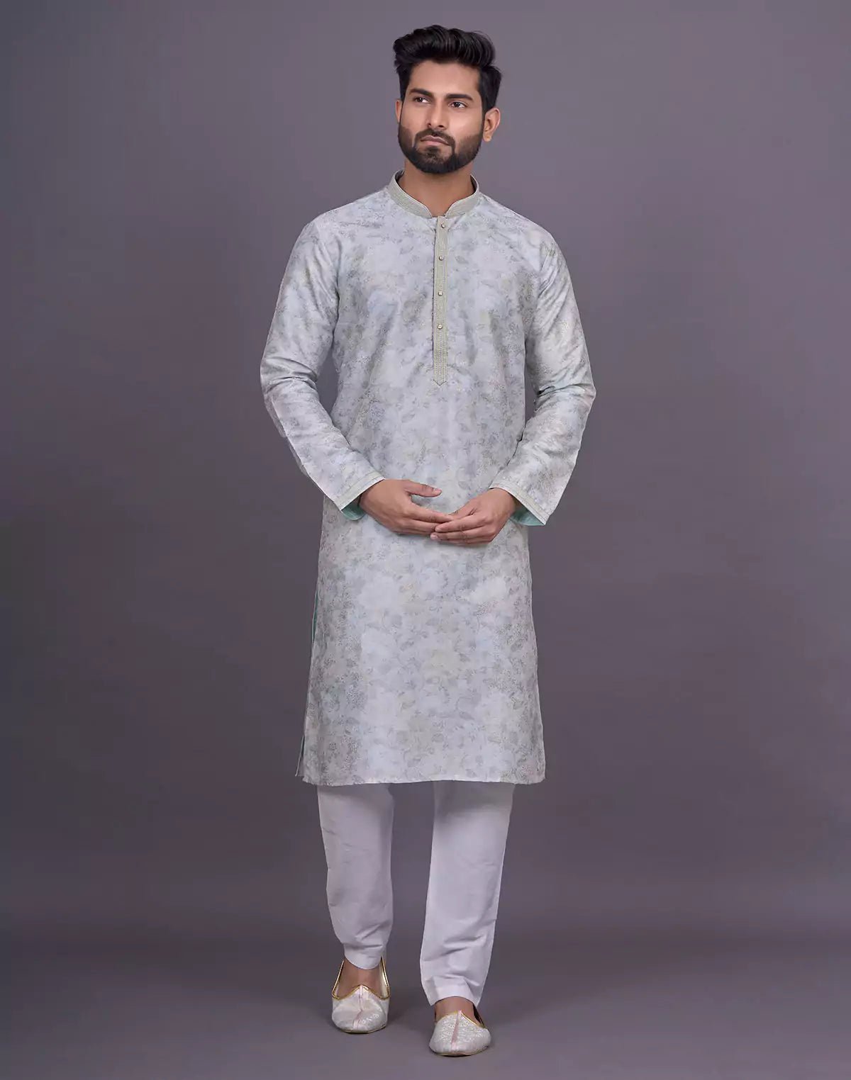 Image of Graceful Pista All Over Floral Print Raw Silk Kurta Pyjama Set - South India Shopping Mall