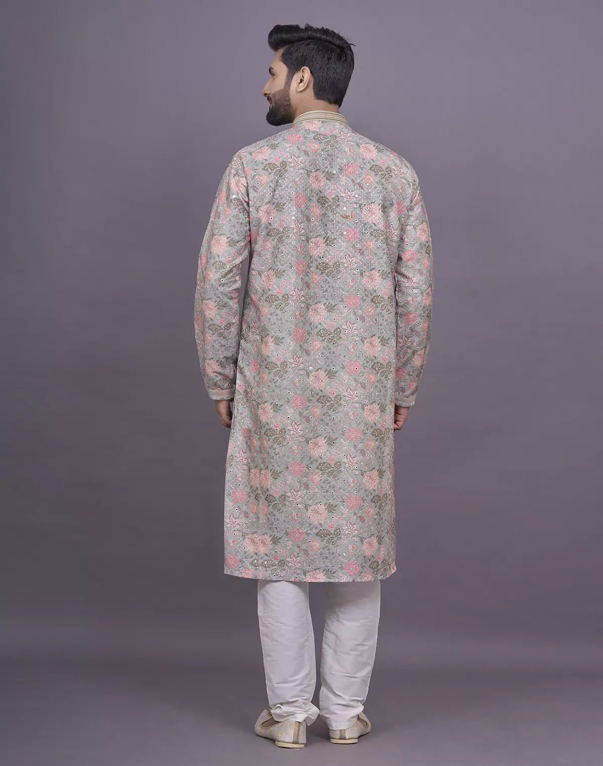 Image of Graceful Pista Green Colour Floral Print Raw Silk Kurta Pyjama Set - South India Shopping Mall