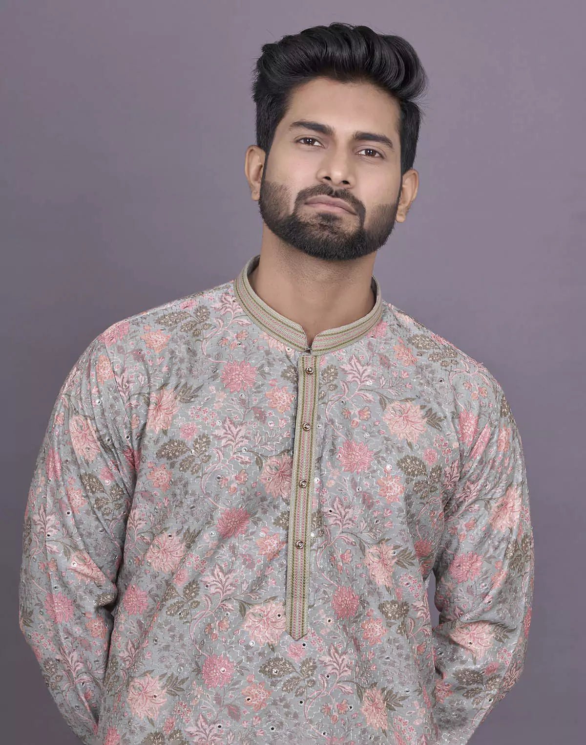 Image of Graceful Pista Green Colour Floral Print Raw Silk Kurta Pyjama Set - South India Shopping Mall