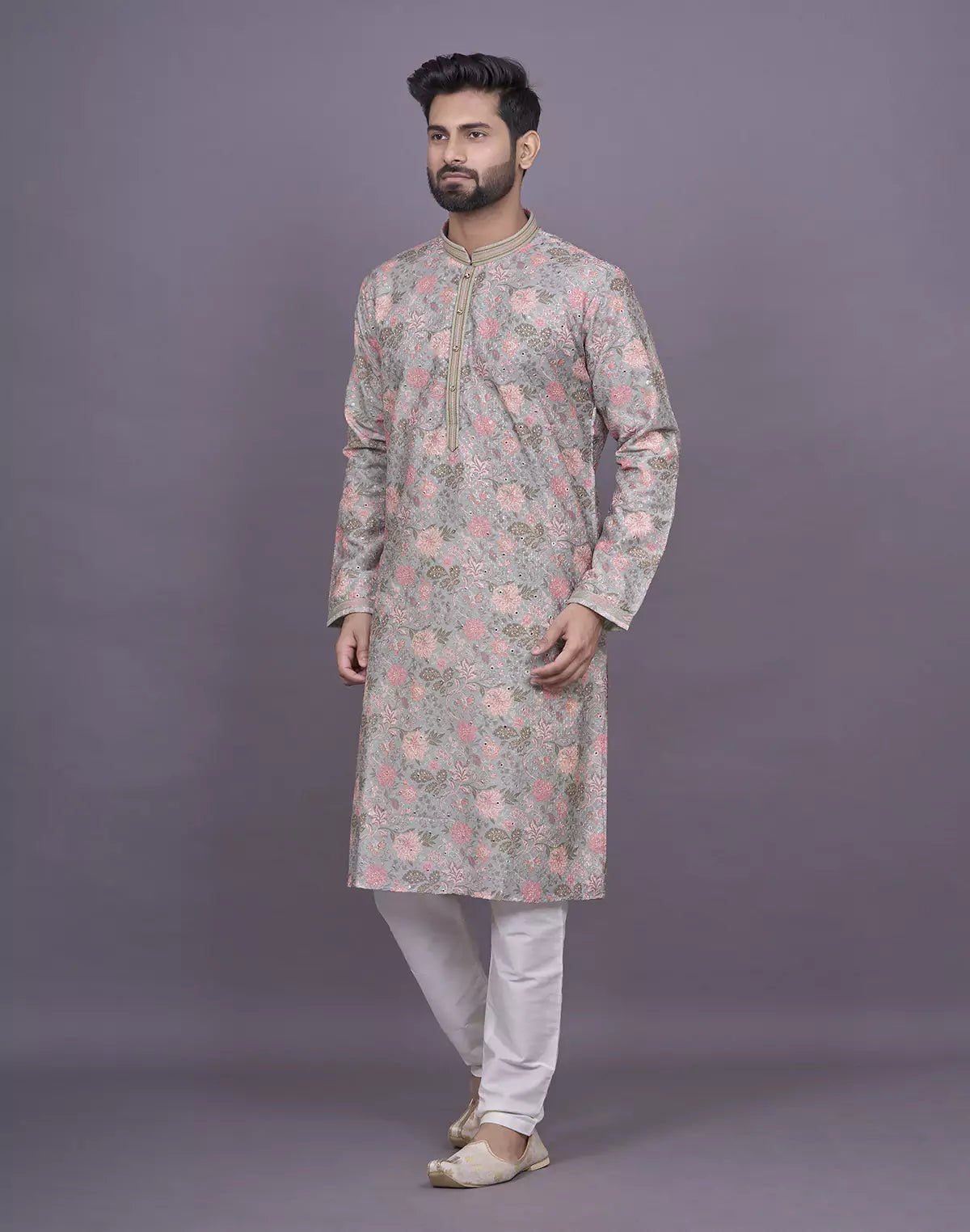 Image of Graceful Pista Green Colour Floral Print Raw Silk Kurta Pyjama Set - South India Shopping Mall