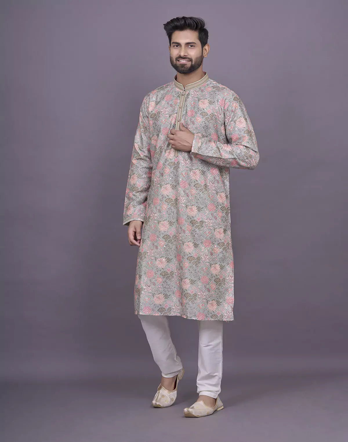 Image of Graceful Pista Green Colour Floral Print Raw Silk Kurta Pyjama Set - South India Shopping Mall