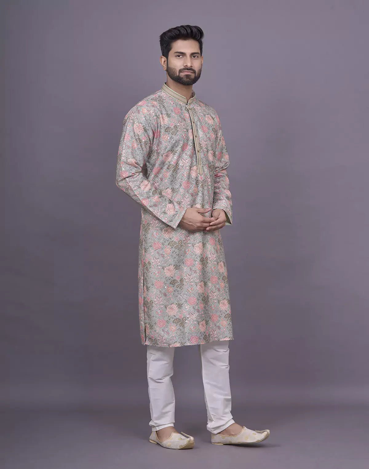 Image of Graceful Pista Green Colour Floral Print Raw Silk Kurta Pyjama Set - South India Shopping Mall