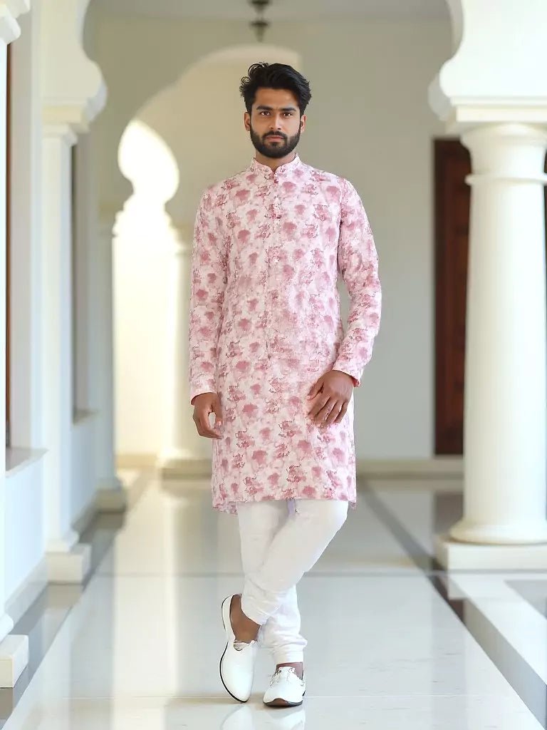 Image of Graphic Print Cotton Regular Fit Pink Kurta Pyjama Set - South India Shopping Mall
