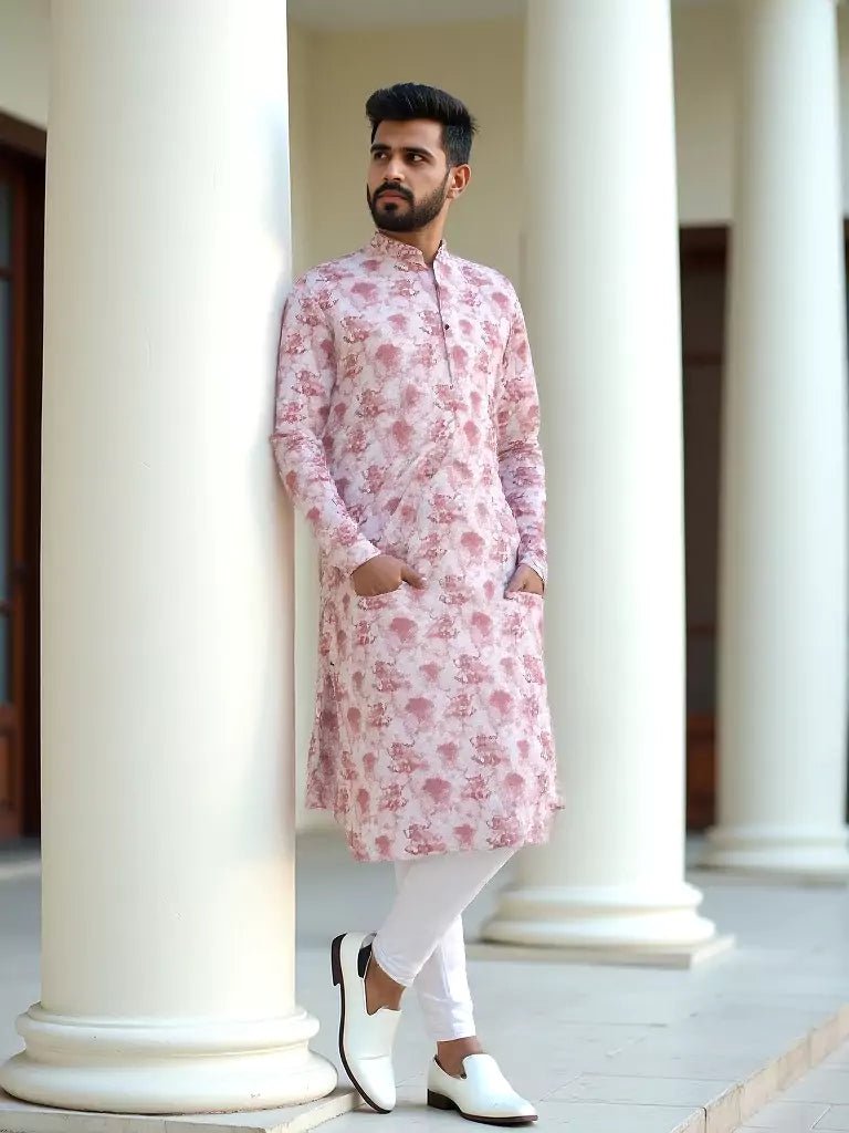 Image of Graphic Print Cotton Regular Fit Pink Kurta Pyjama Set - South India Shopping Mall