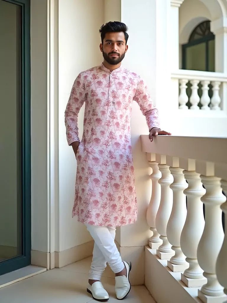 Image of Graphic Print Cotton Regular Fit Pink Kurta Pyjama Set - South India Shopping Mall