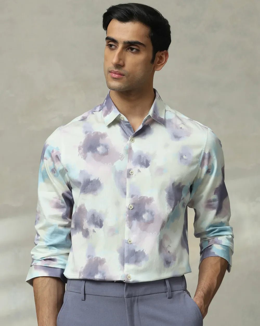Image of Graphic Print Slim Fit Lilac Full Sleeve Cotton Shirt - South India Shopping Mall