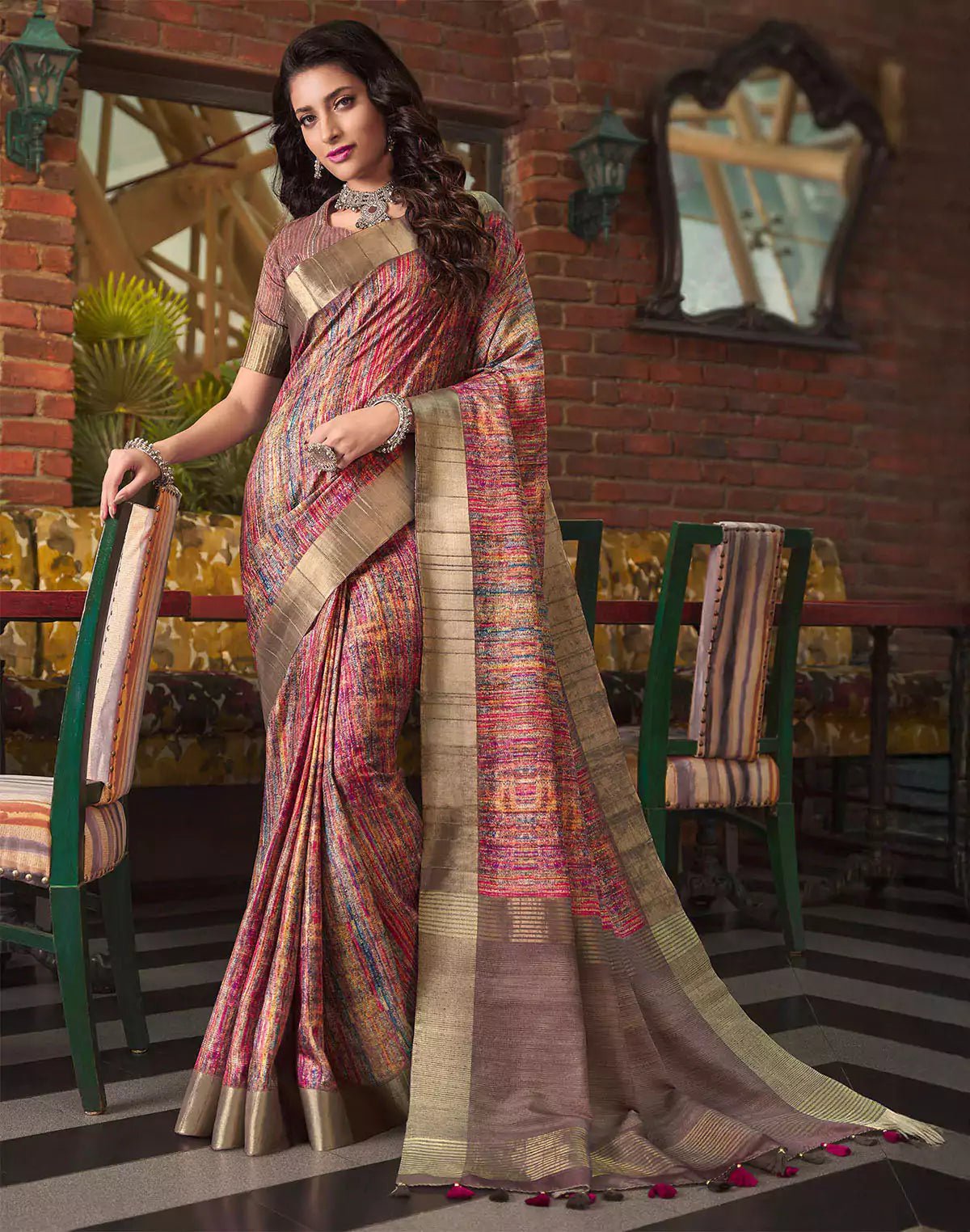 Image of Graphic Printed Tussar Silk Saree in Multi Color - South India Shopping Mall