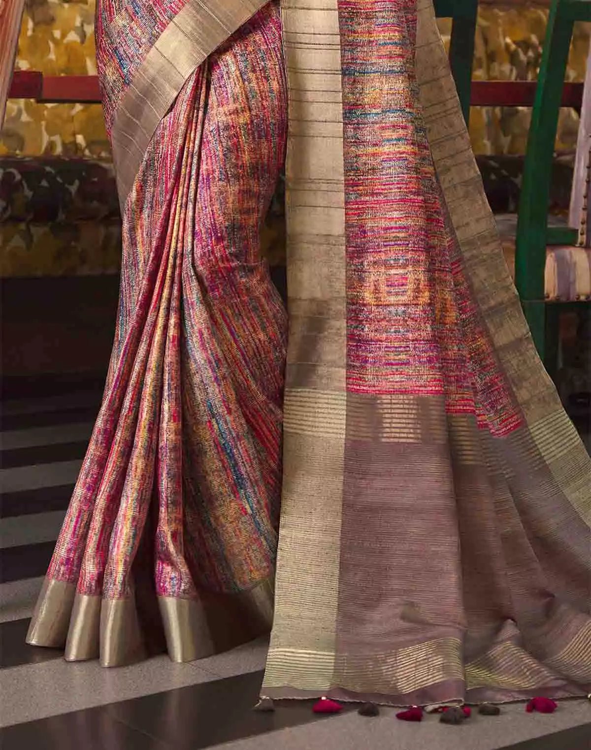 Image of Graphic Printed Tussar Silk Saree in Multi Color - South India Shopping Mall
