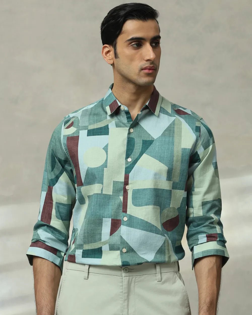 Image of Green Abstract Print Full Sleeve Cotton Shirt - South India Shopping Mall