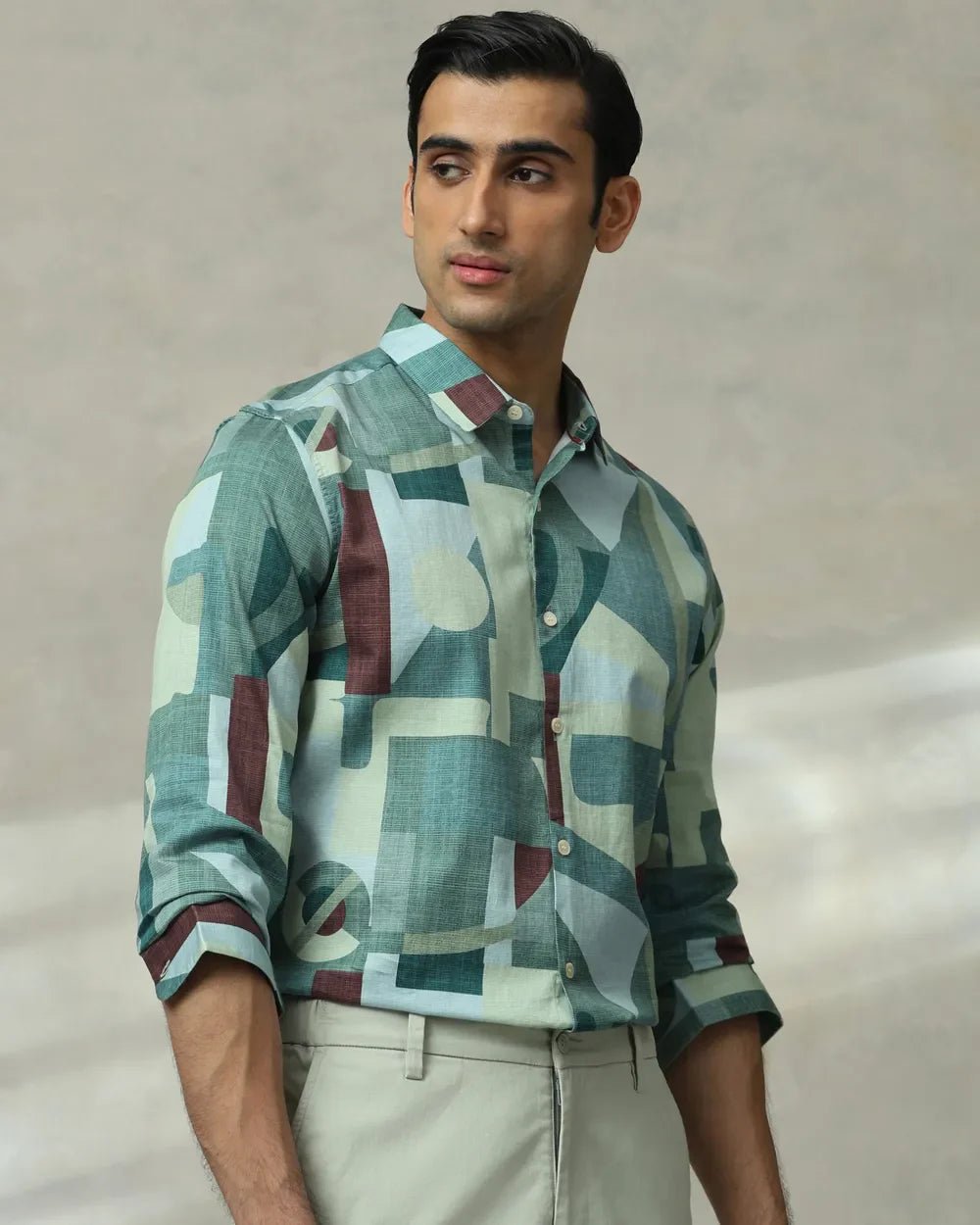 Image of Green Abstract Print Full Sleeve Cotton Shirt - South India Shopping Mall