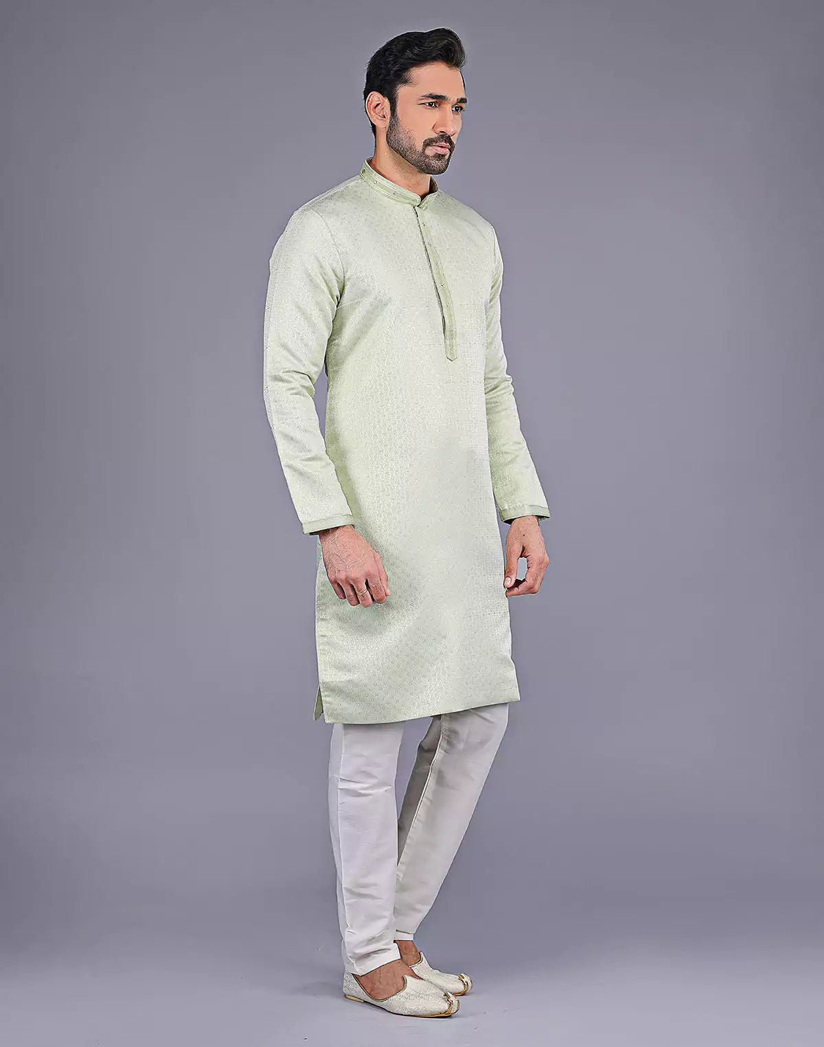 Image of Green All Over Self Highlighted Thread work Soft Silk Kurta Set - South India Shopping Mall