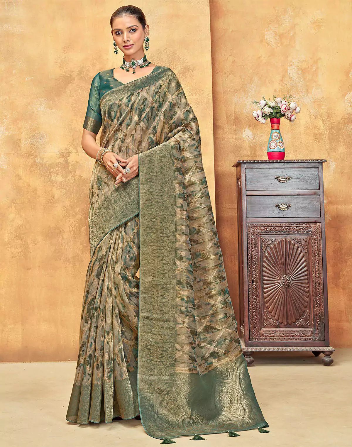 Image of Green All Over Woven Design Organza Saree - South India Shopping Mall