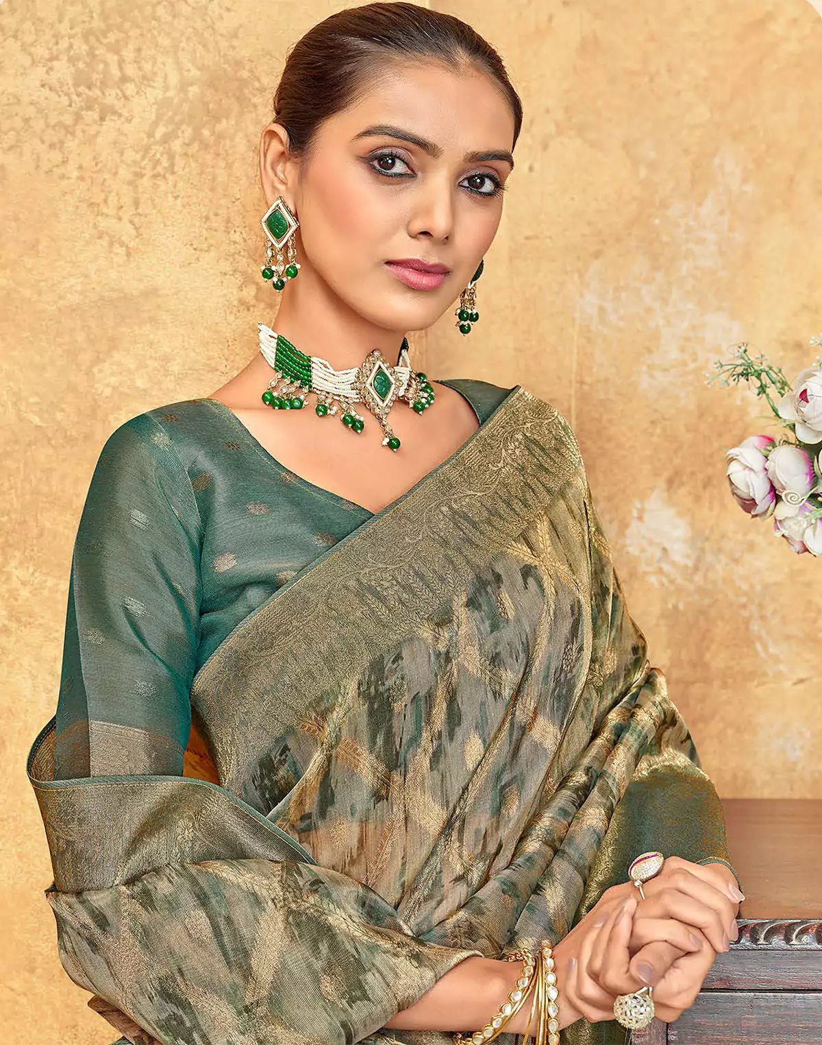 Image of Green All Over Woven Design Organza Saree - South India Shopping Mall