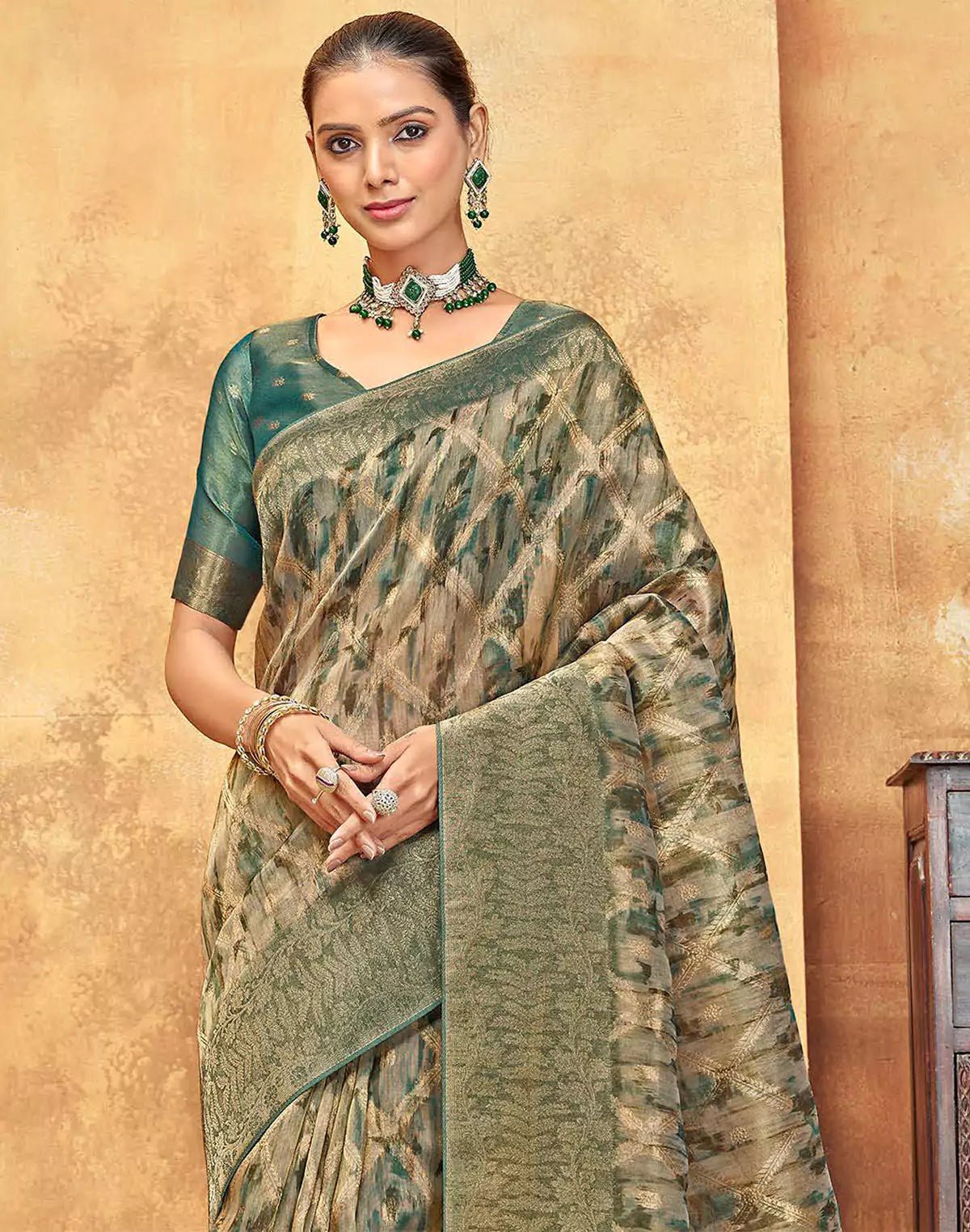 Image of Green All Over Woven Design Organza Saree - South India Shopping Mall