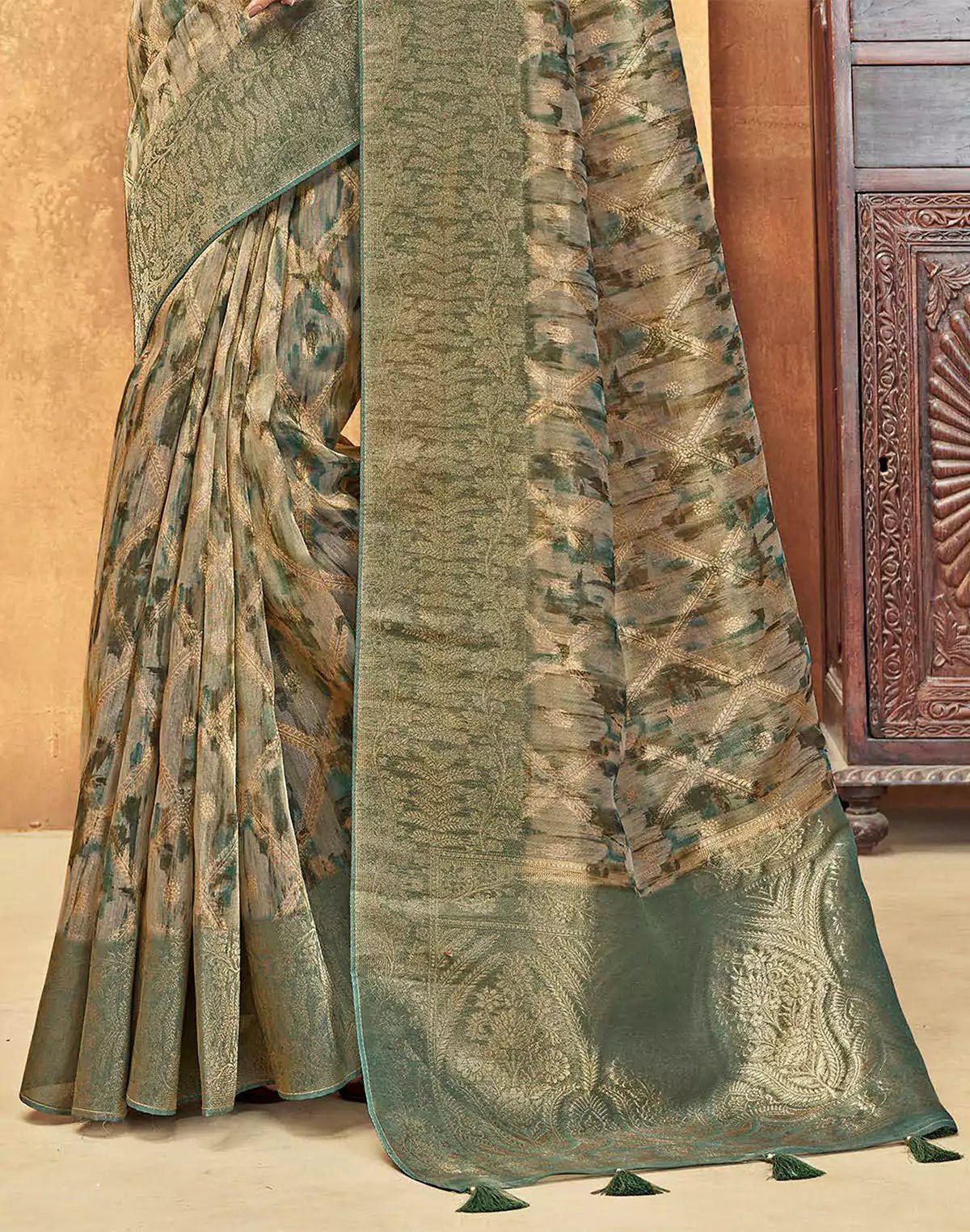 Image of Green All Over Woven Design Organza Saree - South India Shopping Mall