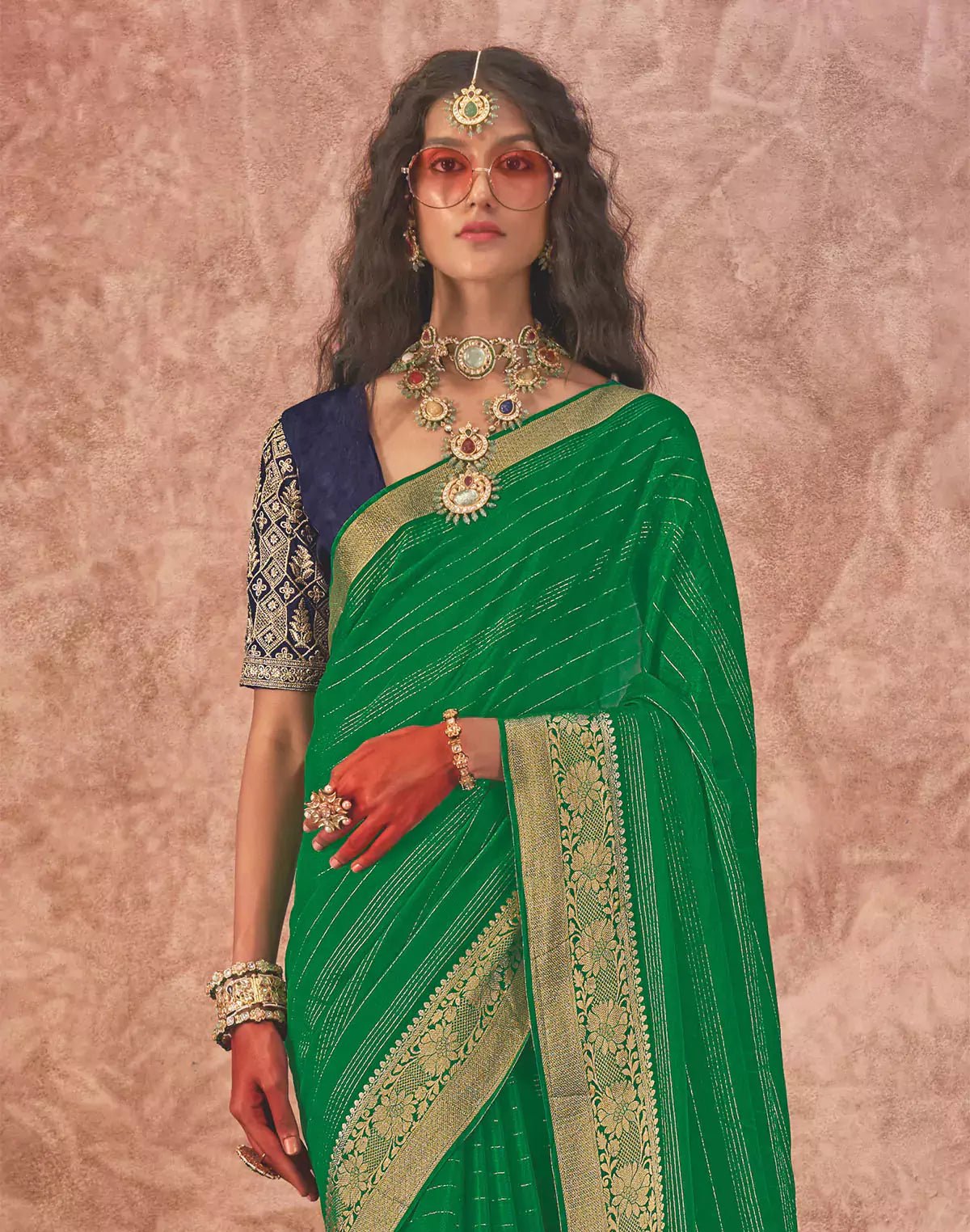 Image of Green and Navy Blue Chiffon Saree and Embroidery Blouse - South India Shopping Mall