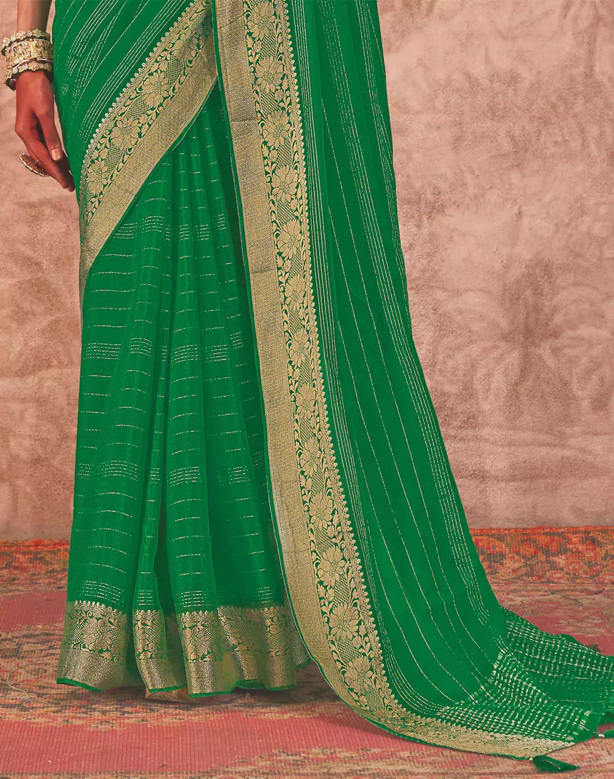 Image of Green and Navy Blue Chiffon Saree and Embroidery Blouse - South India Shopping Mall