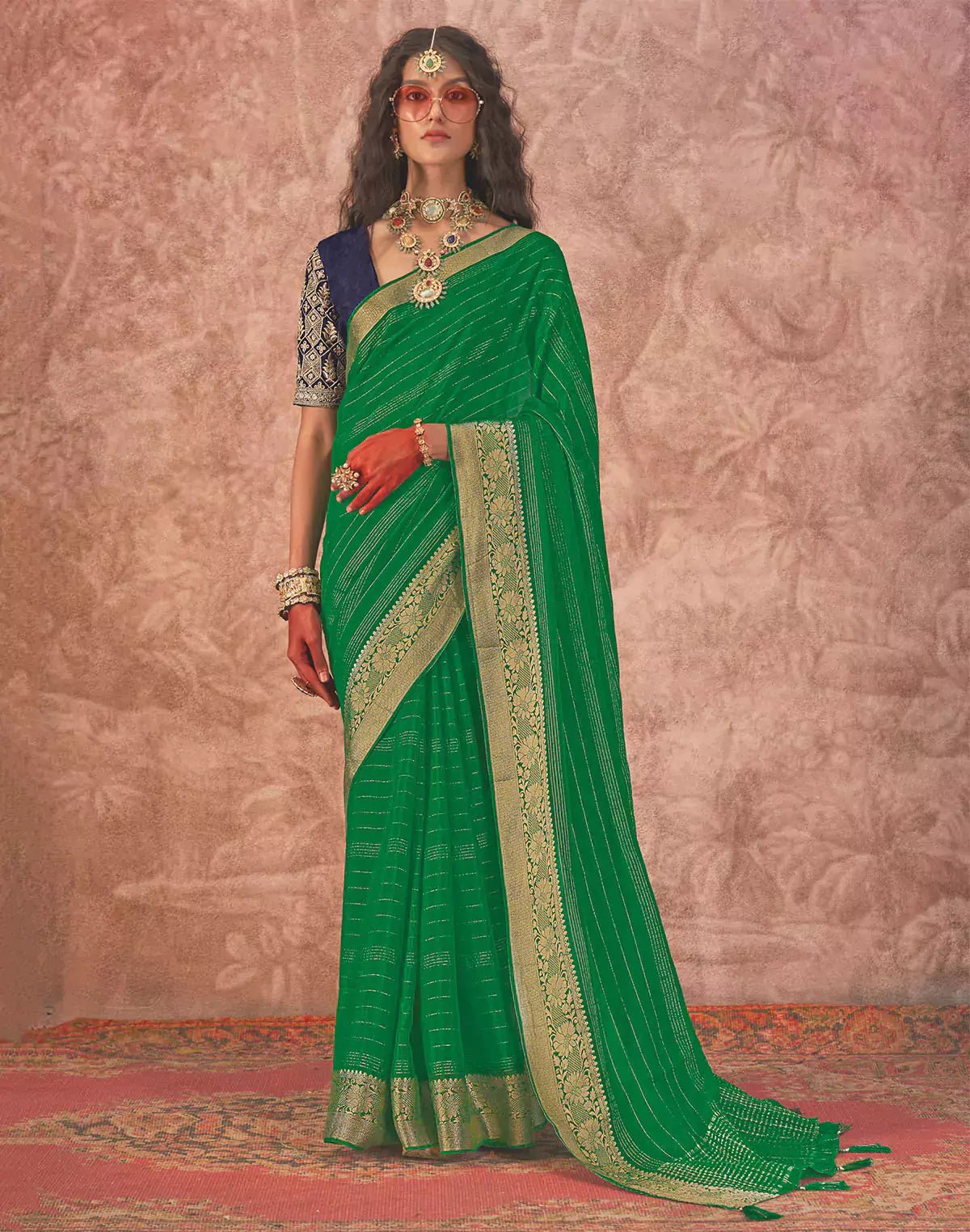 Image of Green and Navy Blue Chiffon Saree and Embroidery Blouse - South India Shopping Mall