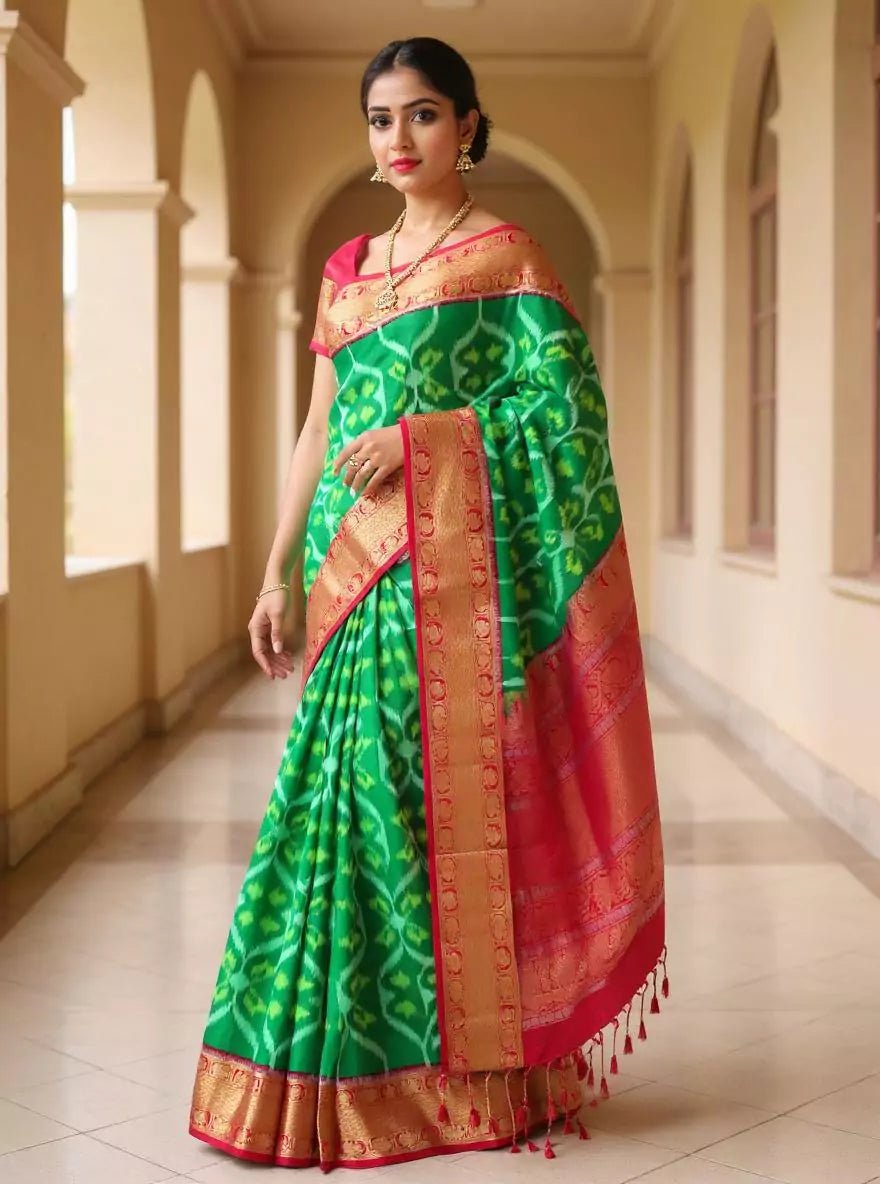 Green and Pink Coimbatore Pure Silk Saree with Contrast Blouse - South India Shopping Mall