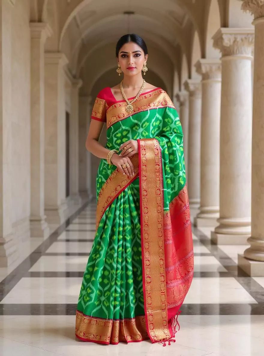Green and Pink Coimbatore Pure Silk Saree with Contrast Blouse - South India Shopping Mall