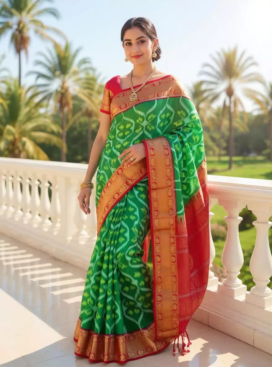 Image of Green and Pink Coimbatore Pure Silk Saree with Contrast Blouse - South India Shopping Mall