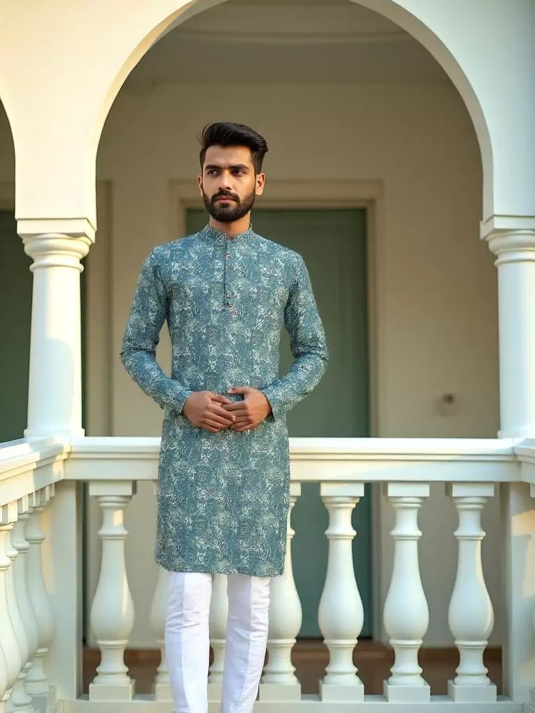 Image of Green Aztec Printed Cotton Kurta Pyjama Set - South India Shopping Mall