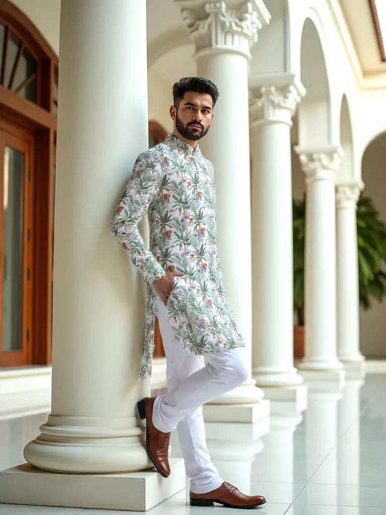 Image of Green Botanical with Animal Printed Cotton Kurta - South India Shopping Mall