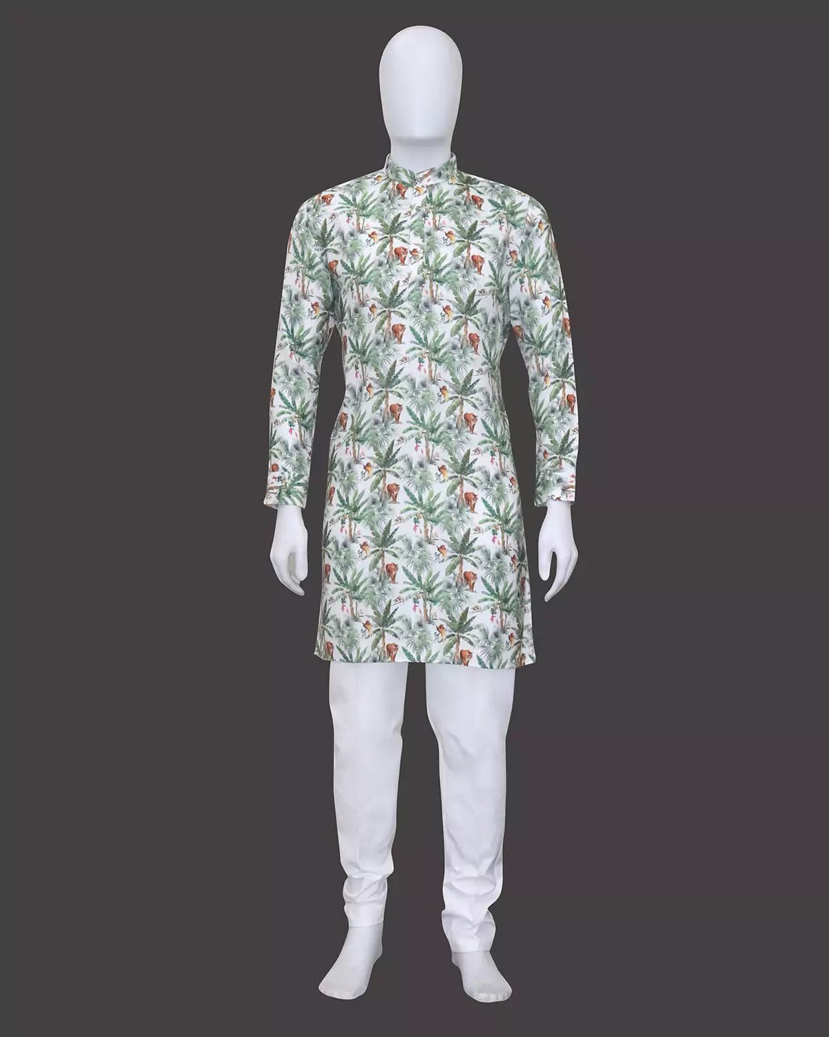 Image of Green Botanical with Animal Printed Cotton Kurta - South India Shopping Mall