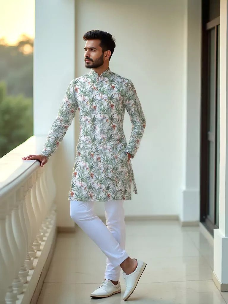 Image of Green Botanical with Animal Printed Cotton Kurta - South India Shopping Mall