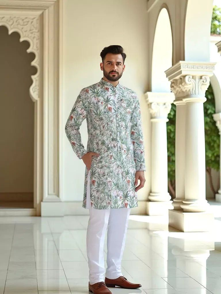 Image of Green Botanical with Animal Printed Cotton Kurta - South India Shopping Mall