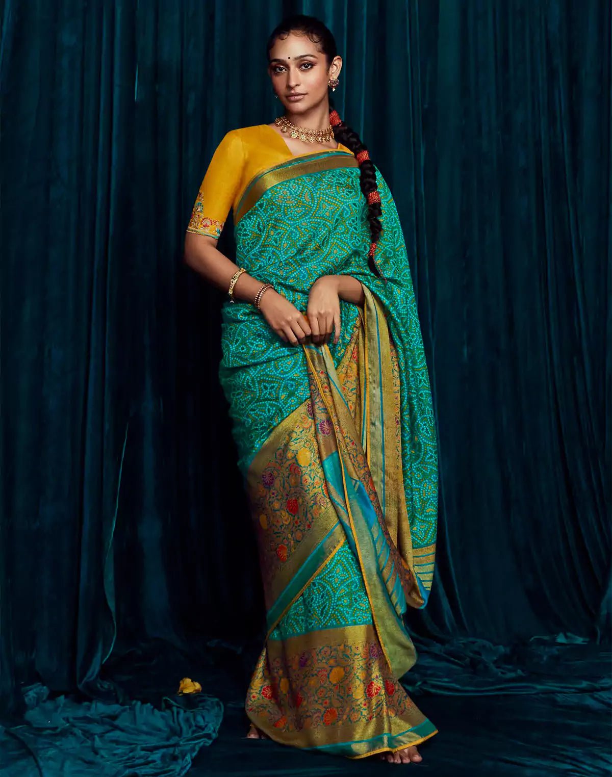 Image of Green Brasso Silk Saree With Raw Silk Embroidered Yellow Blouse - South India Shopping Mall