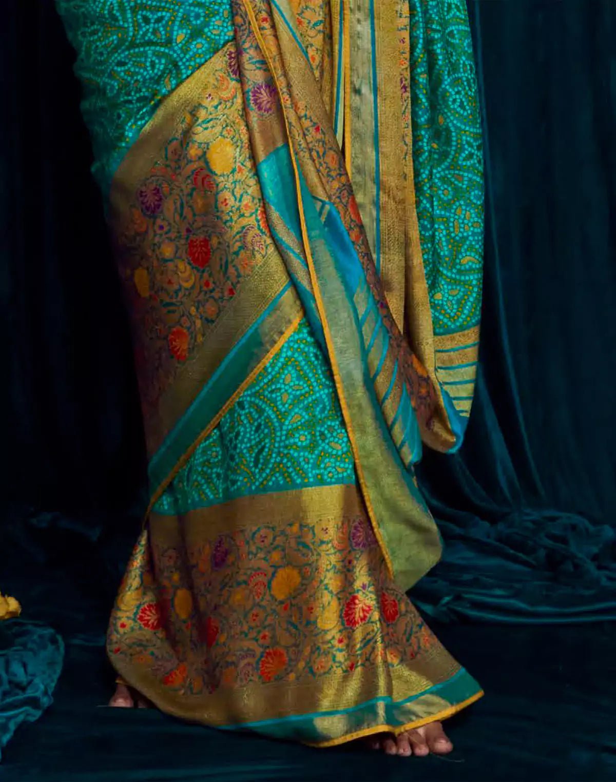 Image of Green Brasso Silk Saree With Raw Silk Embroidered Yellow Blouse - South India Shopping Mall