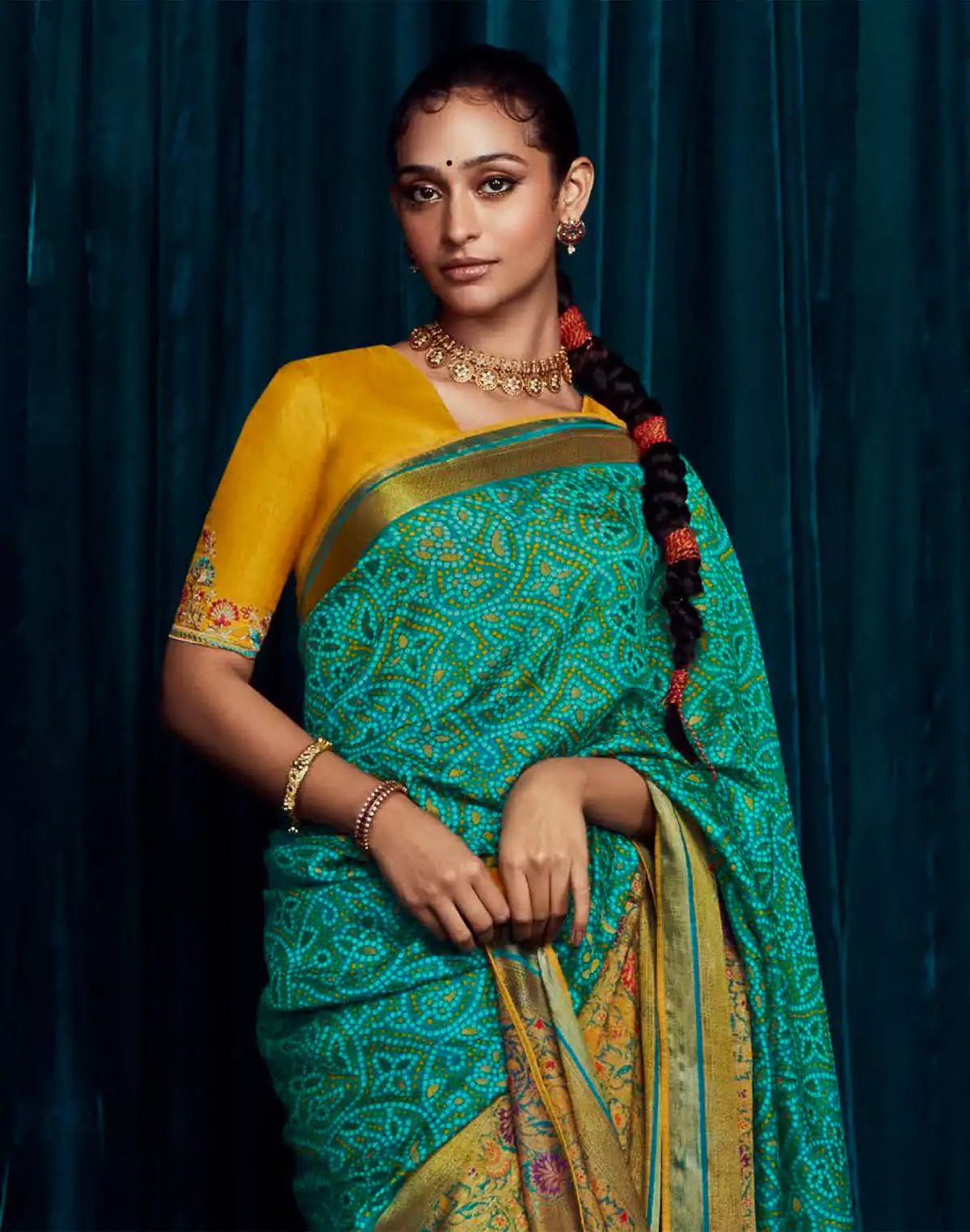 Image of Green Brasso Silk Saree With Raw Silk Embroidered Yellow Blouse - South India Shopping Mall