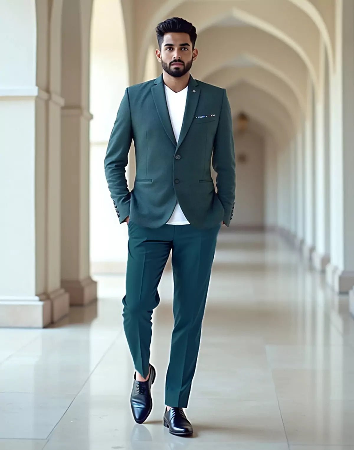 Green Classic Textured Polyester Viscose Blazer - South India Shopping Mall