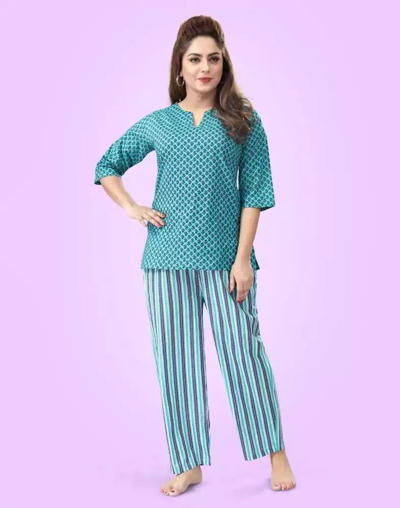 Image of Green Colour Floral Printed Night Suit - South India Shopping Mall