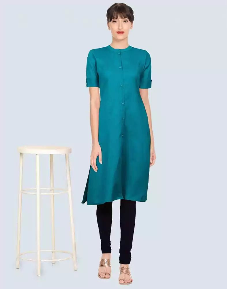 Image of Green Cotton Plain Kurti - South India Shopping Mall