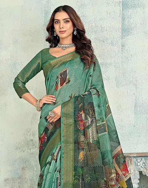Image of Green Digital Floral Print Tissue Saree With Zari Border - South India Shopping Mall