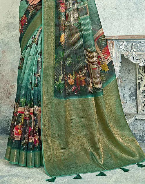 Image of Green Digital Floral Print Tissue Saree With Zari Border - South India Shopping Mall