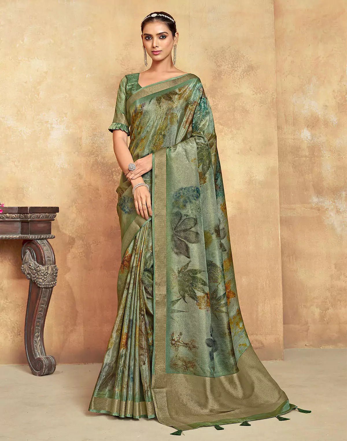 Image of Green Dola Silk Saree With Tussels - South India Shopping Mall