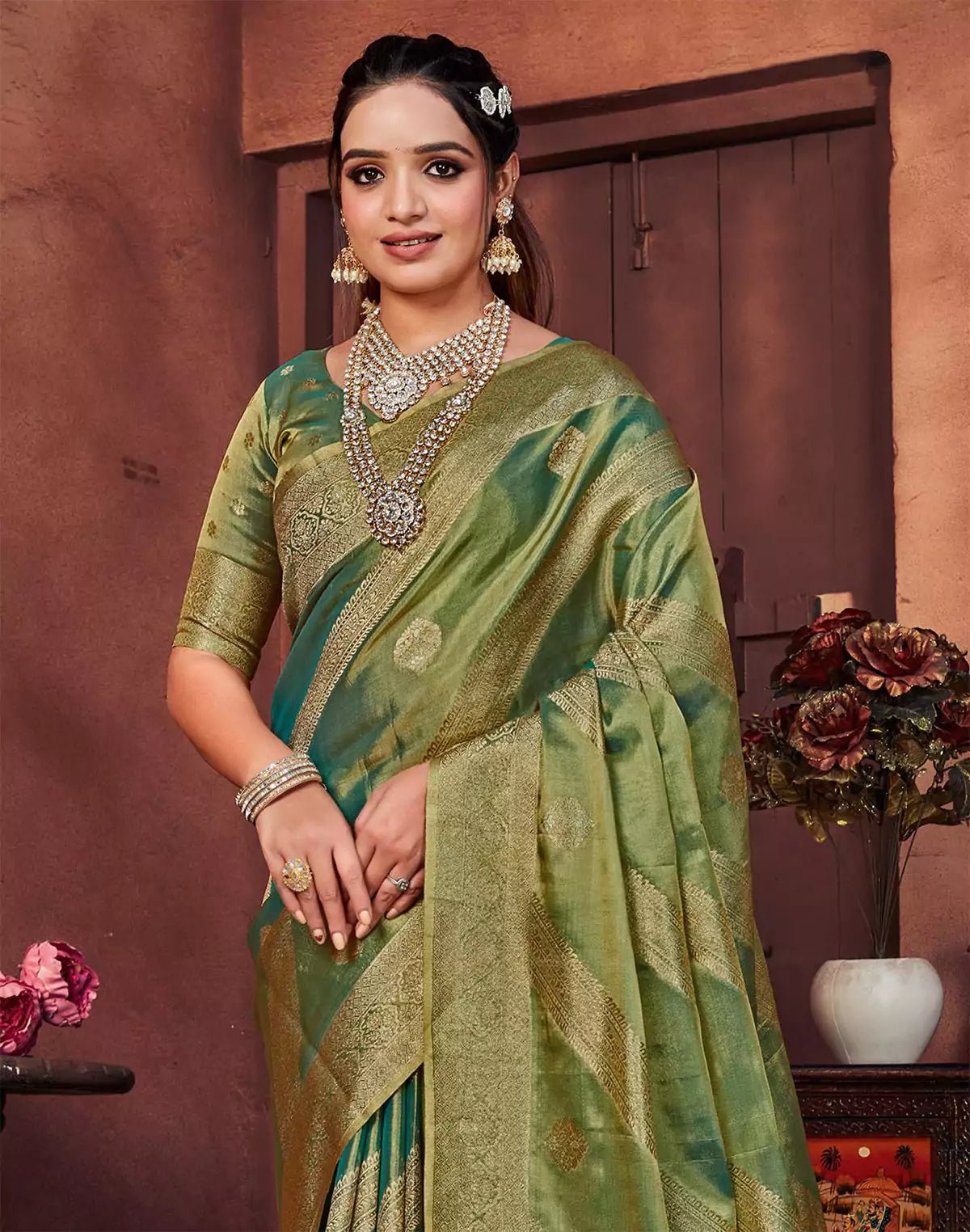 Image of Green Double Shaded Banaras Fancy Saree - South India Shopping Mall