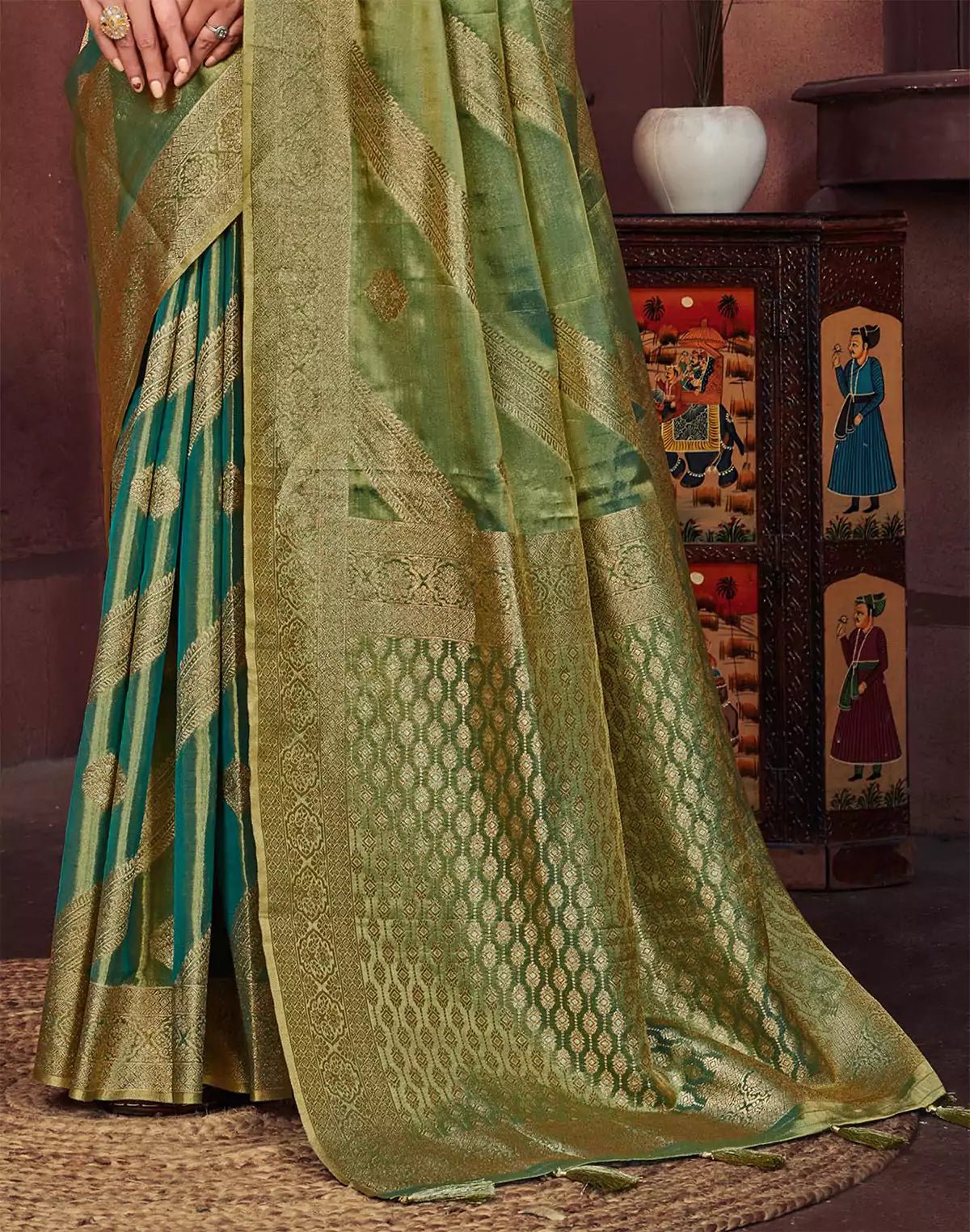 Image of Green Double Shaded Banaras Fancy Saree - South India Shopping Mall