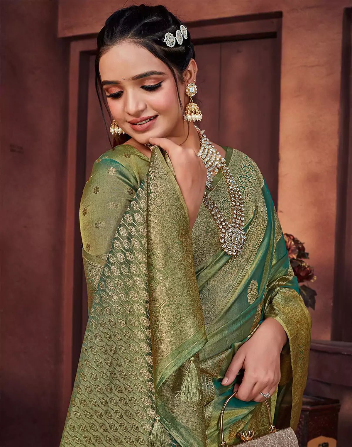 Image of Green Double Shaded Banaras Fancy Saree - South India Shopping Mall