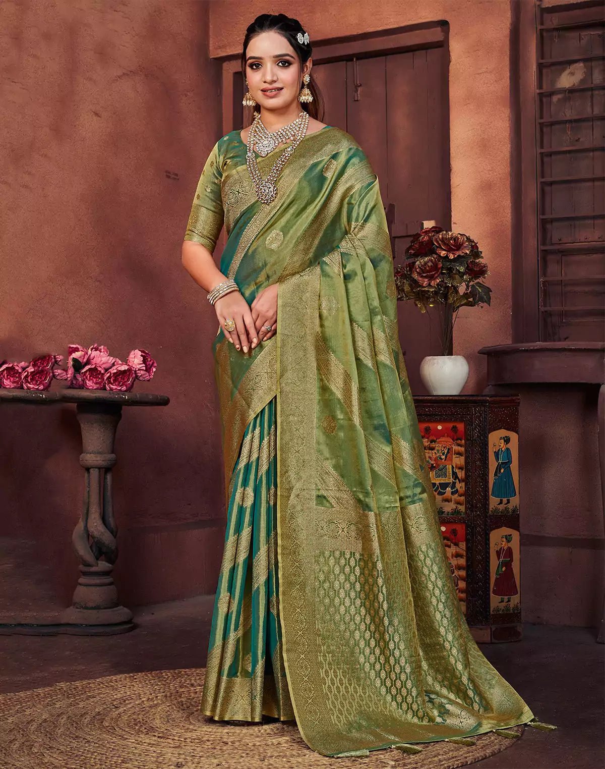Image of Green Double Shaded Banaras Fancy Saree - South India Shopping Mall