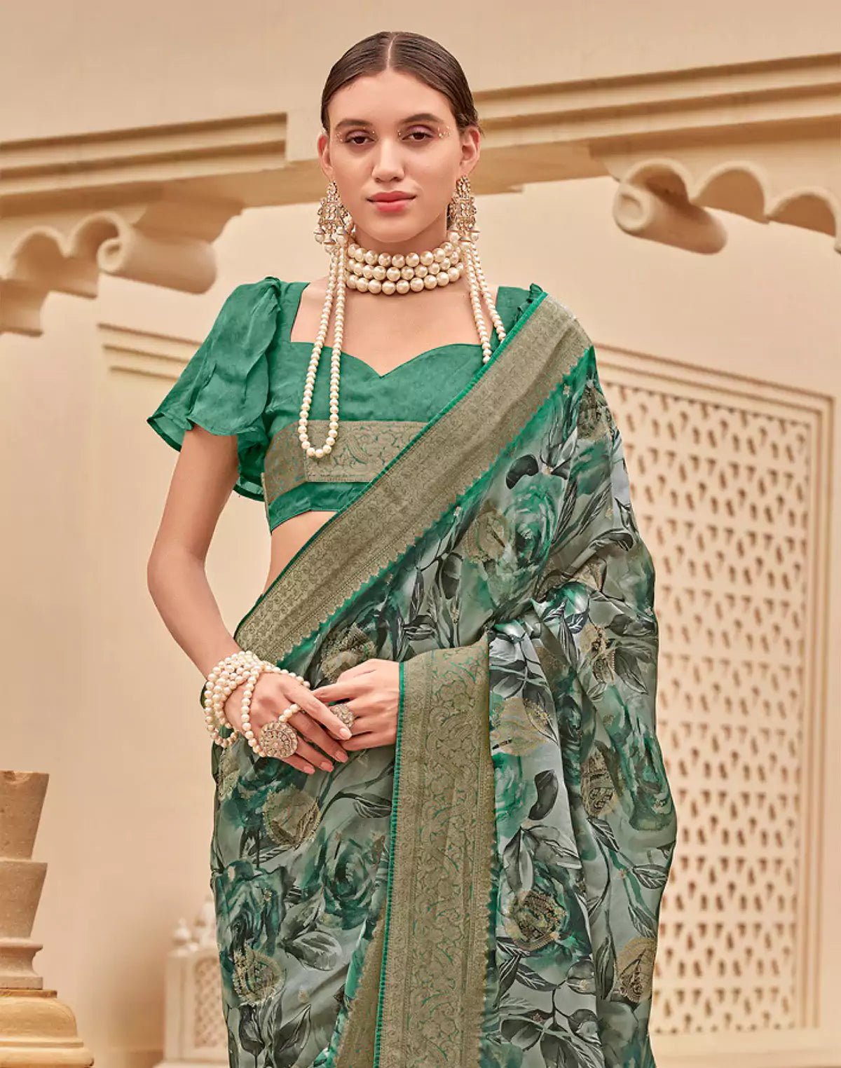 Image of Green Floral design Art Silk Saree with Golden Zari Border - South India Shopping Mall