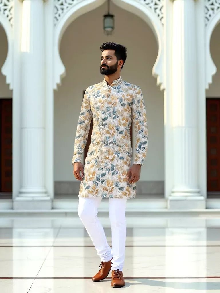 Image of Green Floral Mica Print Cotton Silk Kurta - South India Shopping Mall