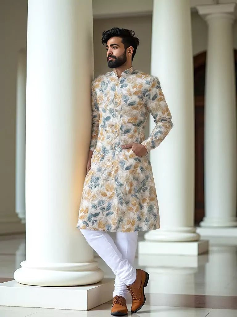Image of Green Floral Mica Print Cotton Silk Kurta - South India Shopping Mall