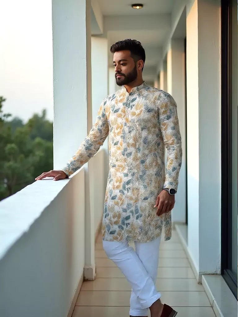 Image of Green Floral Mica Print Cotton Silk Kurta - South India Shopping Mall