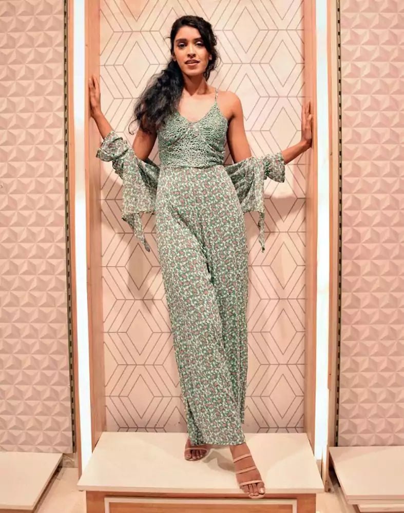 Image of Green Floral Print Chiffon Jumpsuit with Jacket - South India Shopping Mall